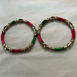 Goldtone with green and red enamel ornate bracelets. Rhinestones bangles 2.
